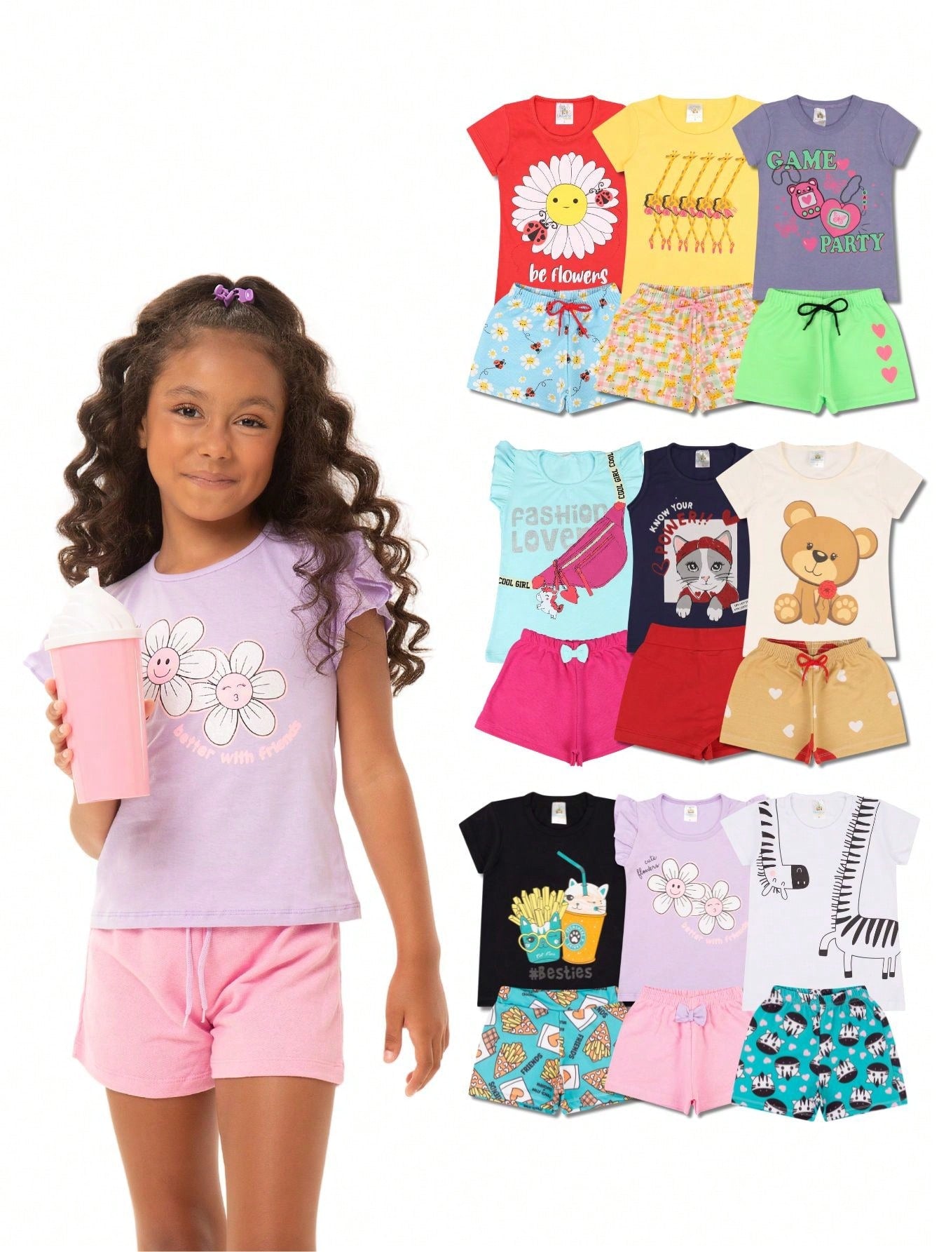 Kit 10 Peças de Roupas Infantil Menina - 5 Camisetas + 5 Bermudas