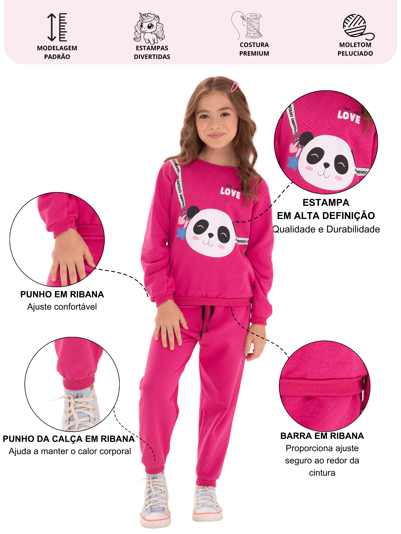 Conjunto de Moletom Infantil Menina - Panda Peluciado