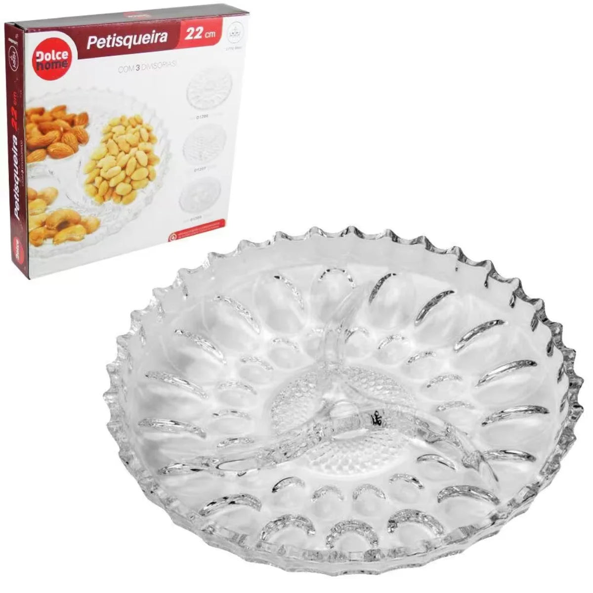 Round Media Petiser Tray With 3 Partitions Crystal Glass Dolce Home 22 Cm Item To Serve