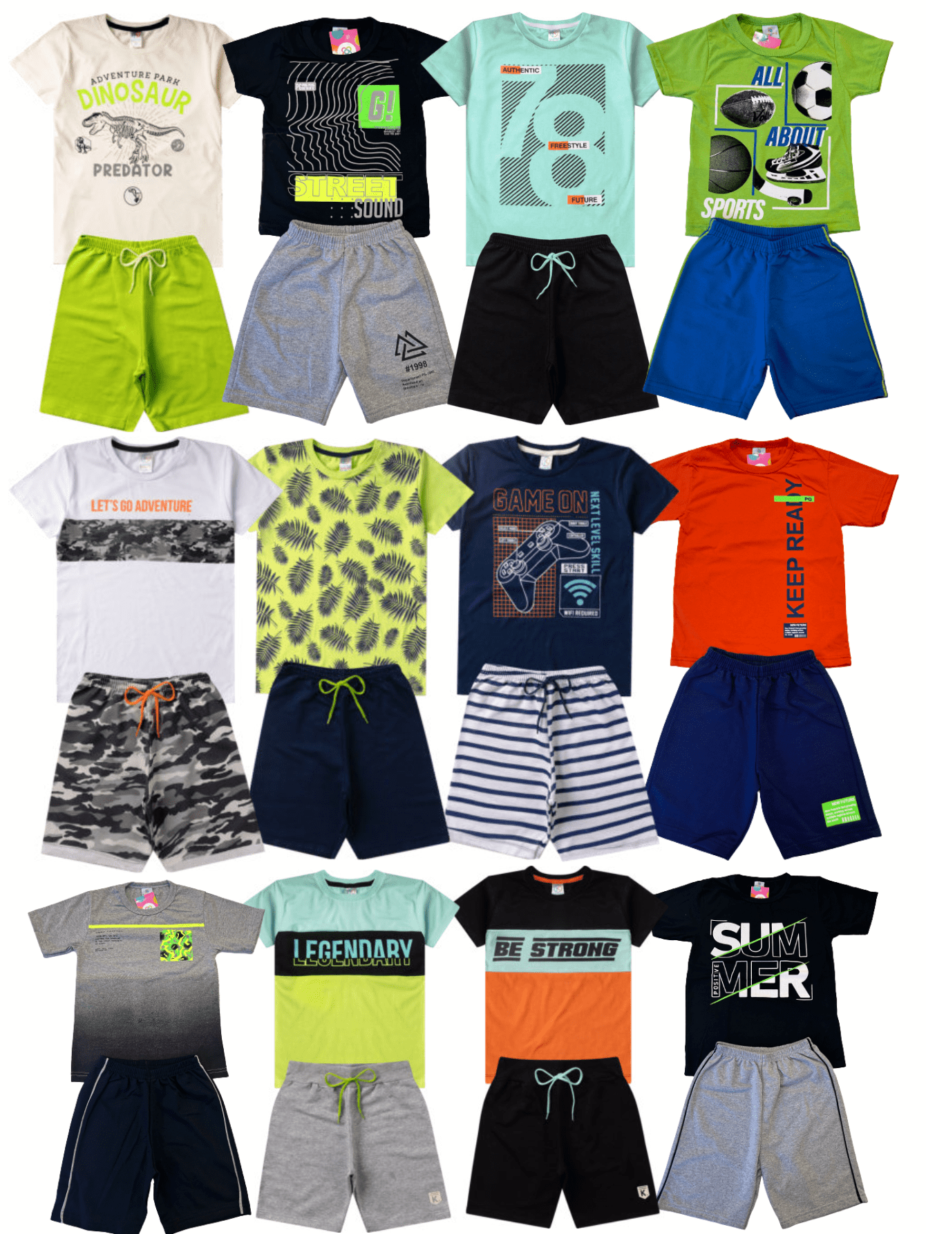Kit 8 Peças Sortidas Conjunto Infantil Menino Juvenil - 4 Camisetas + 4 Bermudas