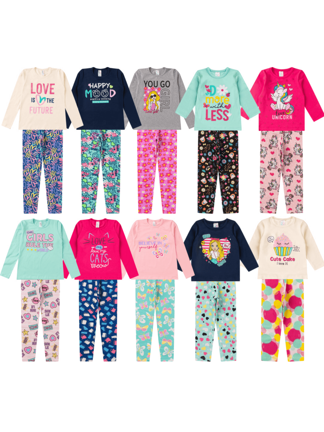 Kit 6 Peças Pijama Infantil Menina Manga Longa - 3 Blusas Manga Longa + 3 Calças