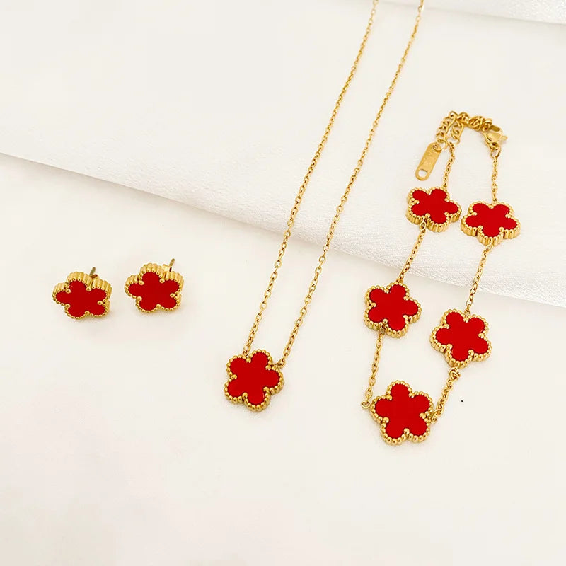 Conjunto de Joias Flowers | Aço Inoxidável de Luxo | Colar, Brincos e Pulseira de Pendente de Flor de Cinco Folhas